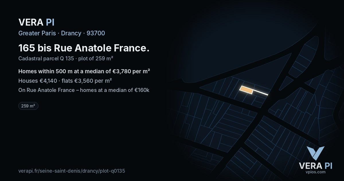 165 bis Rue Anatole France, Drancy at night – the plot lit, the parcels around coloured by the prices near them