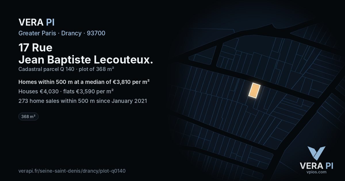 17 Rue Jean Baptiste Lecouteux, Drancy at night – the plot lit, the parcels around coloured by the prices near them