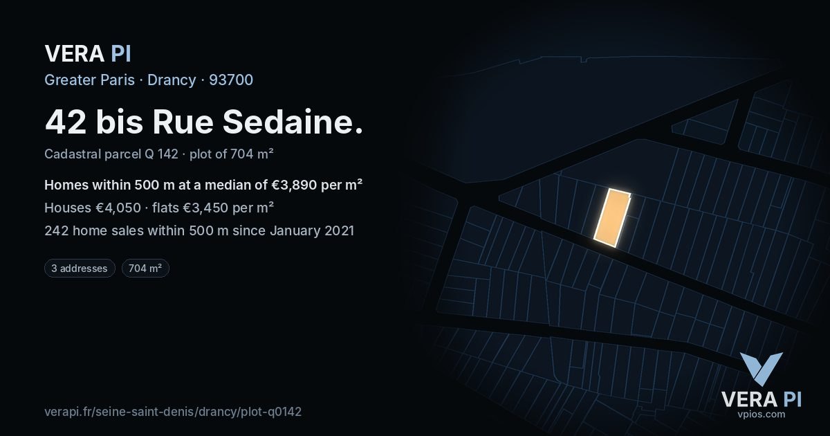 42 bis Rue Sedaine, Drancy at night – the plot lit, the parcels around coloured by the prices near them