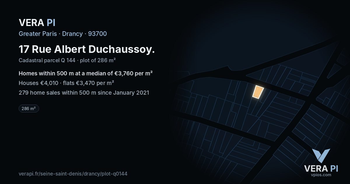 17 Rue Albert Duchaussoy, Drancy at night – the plot lit, the parcels around coloured by the prices near them