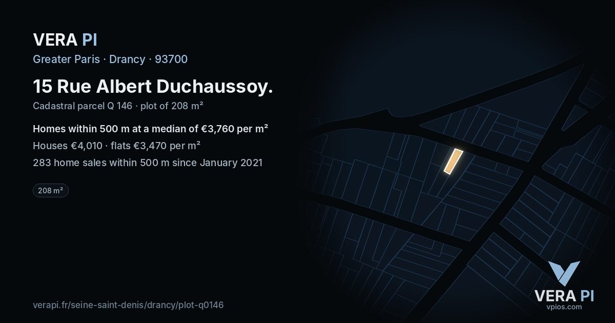 15 Rue Albert Duchaussoy, Drancy at night – the plot lit, the parcels around coloured by the prices near them