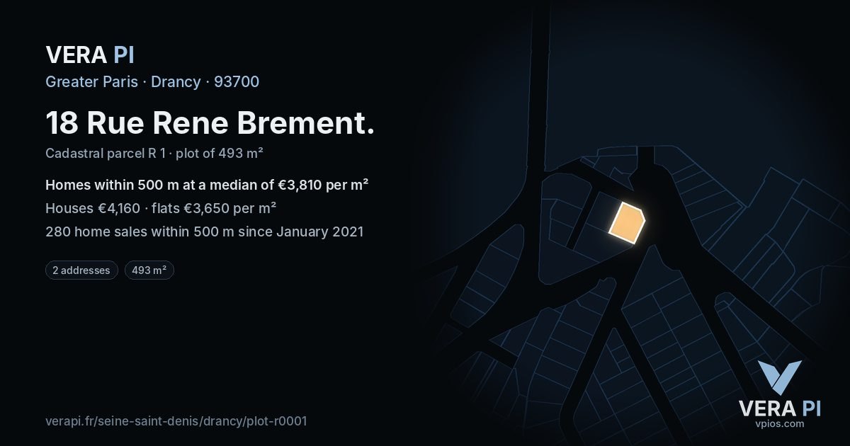 18 Rue Rene Brement, Drancy at night – the plot lit, the parcels around coloured by the prices near them