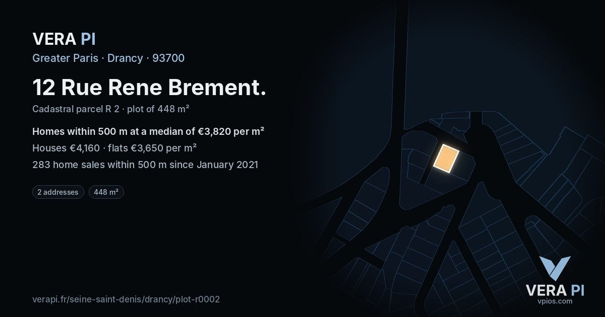 12 Rue Rene Brement, Drancy at night – the plot lit, the parcels around coloured by the prices near them