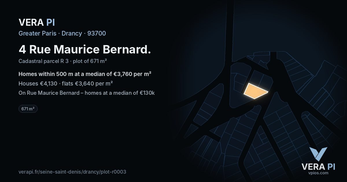 4 Rue Maurice Bernard, Drancy at night – the plot lit, the parcels around coloured by the prices near them