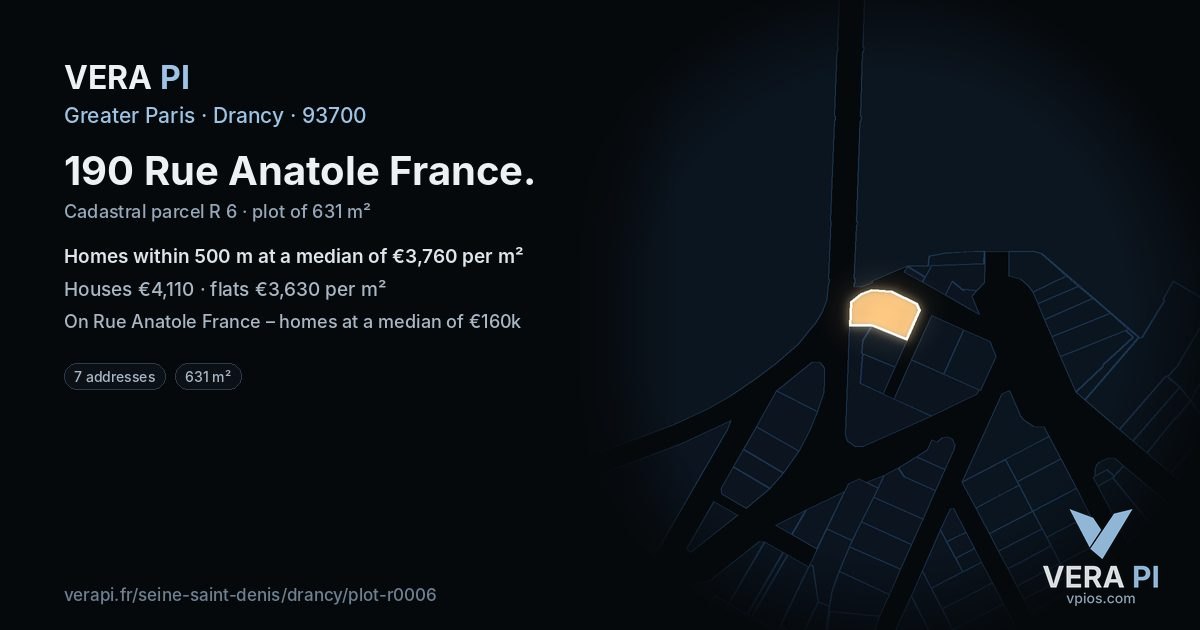 190 Rue Anatole France, Drancy at night – the plot lit, the parcels around coloured by the prices near them