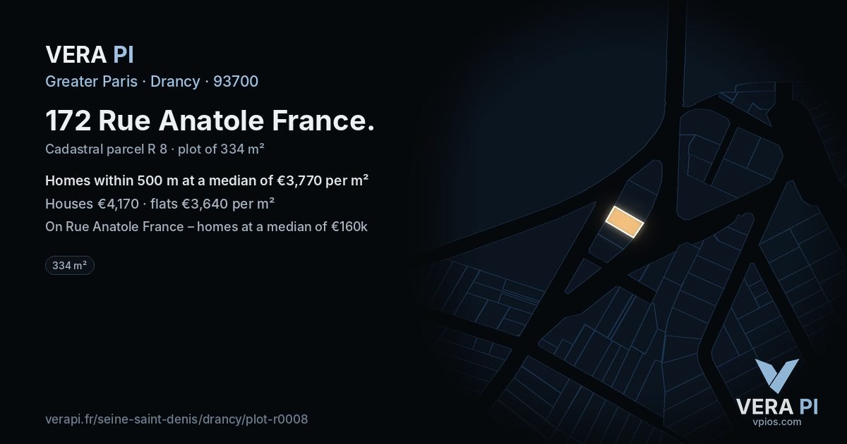 172 Rue Anatole France, Drancy at night – the plot lit, the parcels around coloured by the prices near them