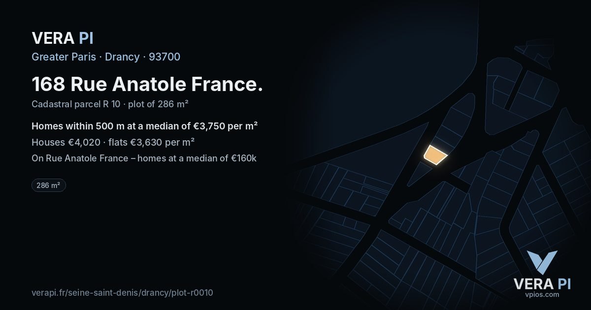 168 Rue Anatole France, Drancy at night – the plot lit, the parcels around coloured by the prices near them
