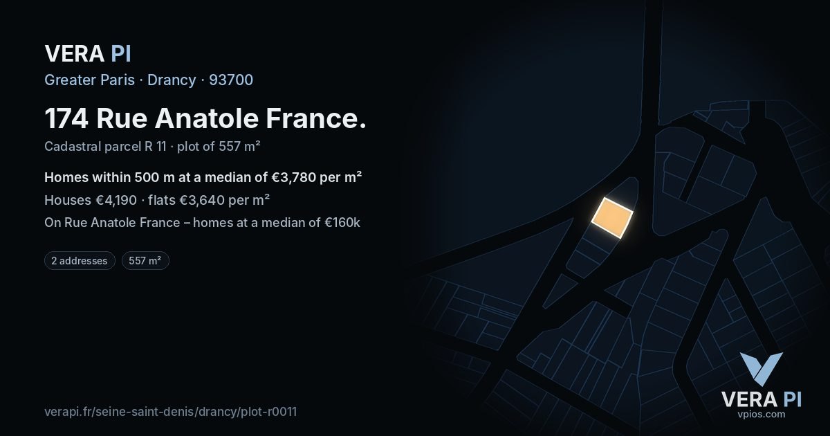 174 Rue Anatole France, Drancy at night – the plot lit, the parcels around coloured by the prices near them