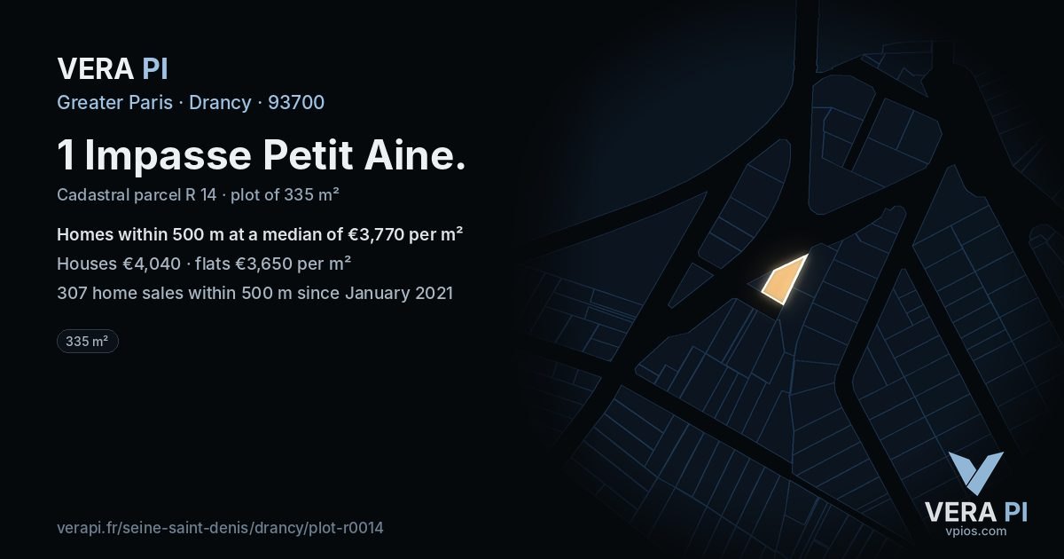 1 Impasse Petit Aine, Drancy at night – the plot lit, the parcels around coloured by the prices near them