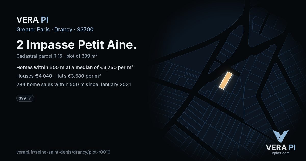 2 Impasse Petit Aine, Drancy at night – the plot lit, the parcels around coloured by the prices near them