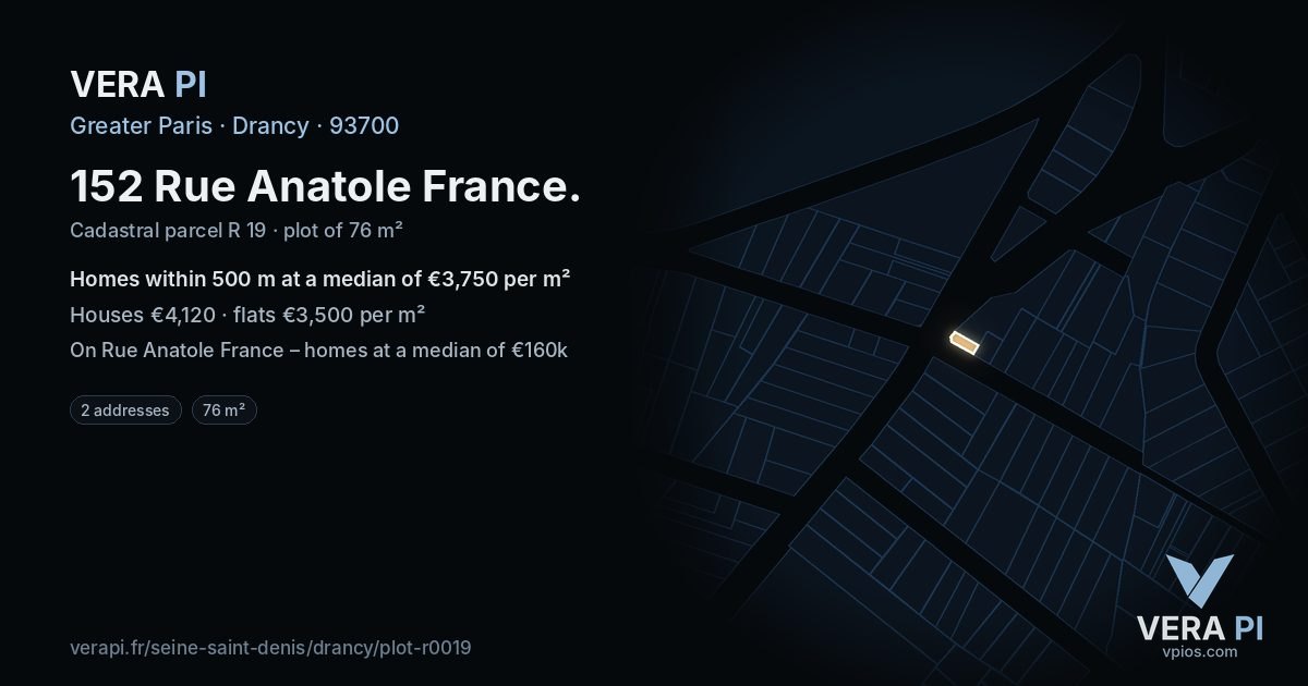 152 Rue Anatole France, Drancy at night – the plot lit, the parcels around coloured by the prices near them