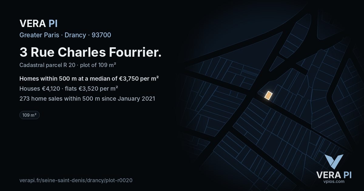 3 Rue Charles Fourrier, Drancy at night – the plot lit, the parcels around coloured by the prices near them