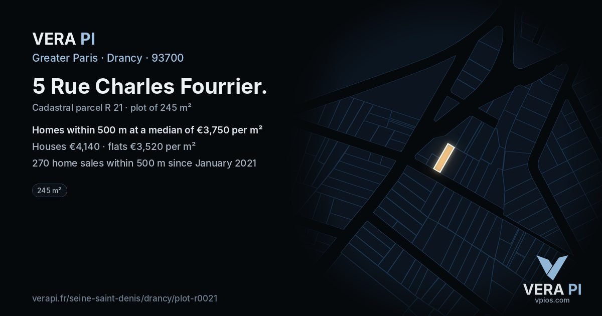 5 Rue Charles Fourrier, Drancy at night – the plot lit, the parcels around coloured by the prices near them
