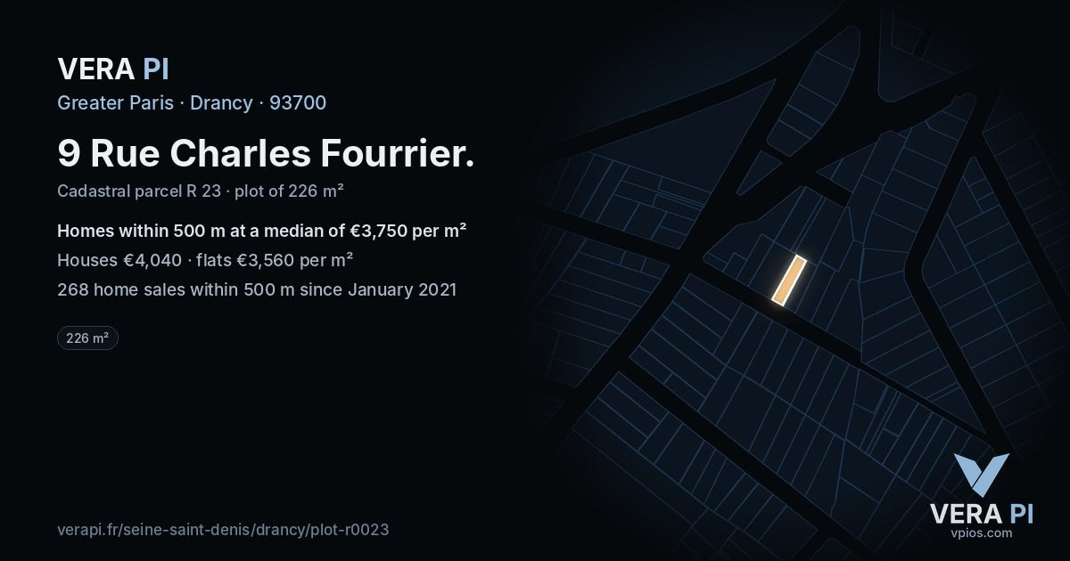 9 Rue Charles Fourrier, Drancy at night – the plot lit, the parcels around coloured by the prices near them