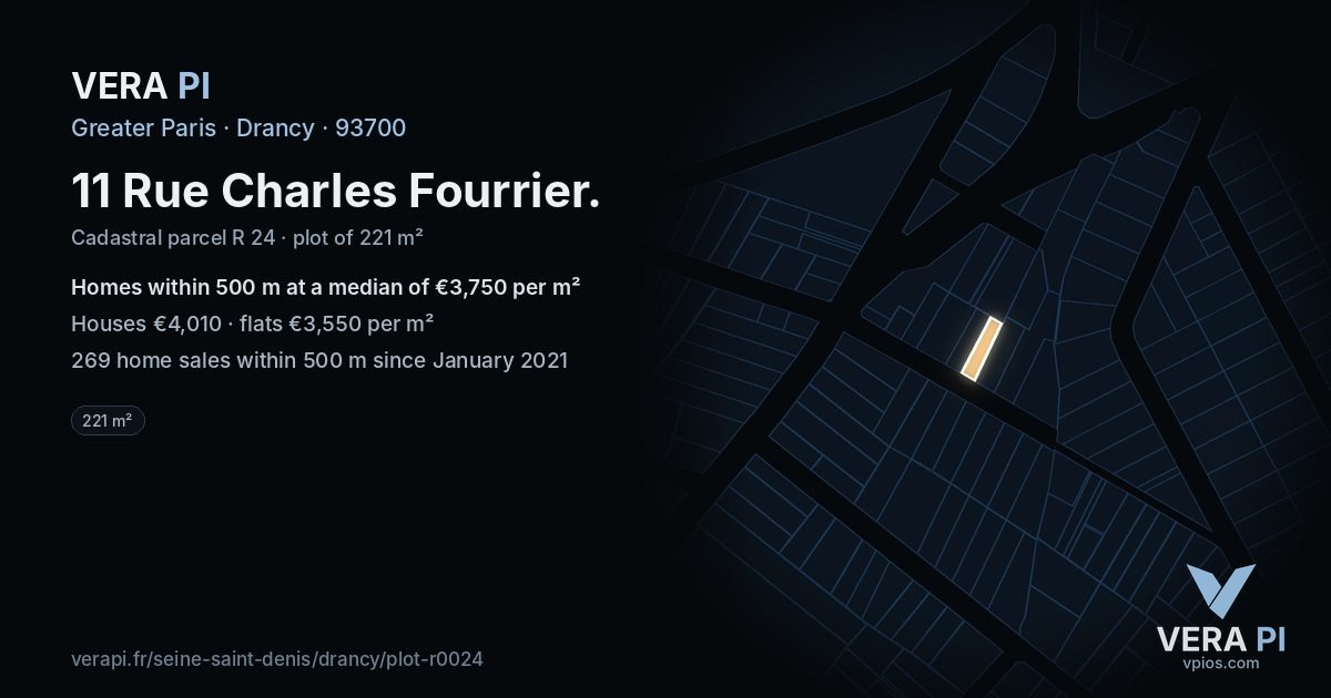 11 Rue Charles Fourrier, Drancy at night – the plot lit, the parcels around coloured by the prices near them