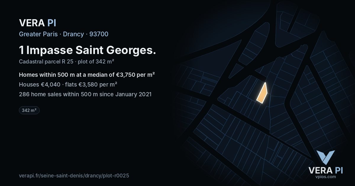 1 Impasse Saint Georges, Drancy at night – the plot lit, the parcels around coloured by the prices near them