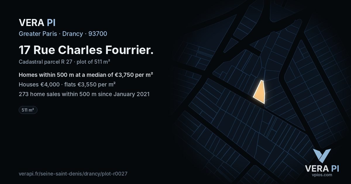 17 Rue Charles Fourrier, Drancy at night – the plot lit, the parcels around coloured by the prices near them