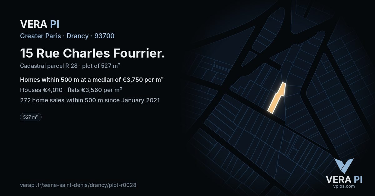 15 Rue Charles Fourrier, Drancy at night – the plot lit, the parcels around coloured by the prices near them