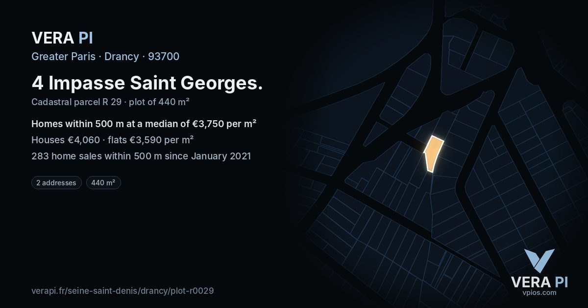 4 Impasse Saint Georges, Drancy at night – the plot lit, the parcels around coloured by the prices near them