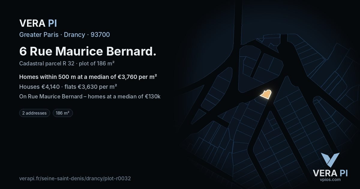 6 Rue Maurice Bernard, Drancy at night – the plot lit, the parcels around coloured by the prices near them