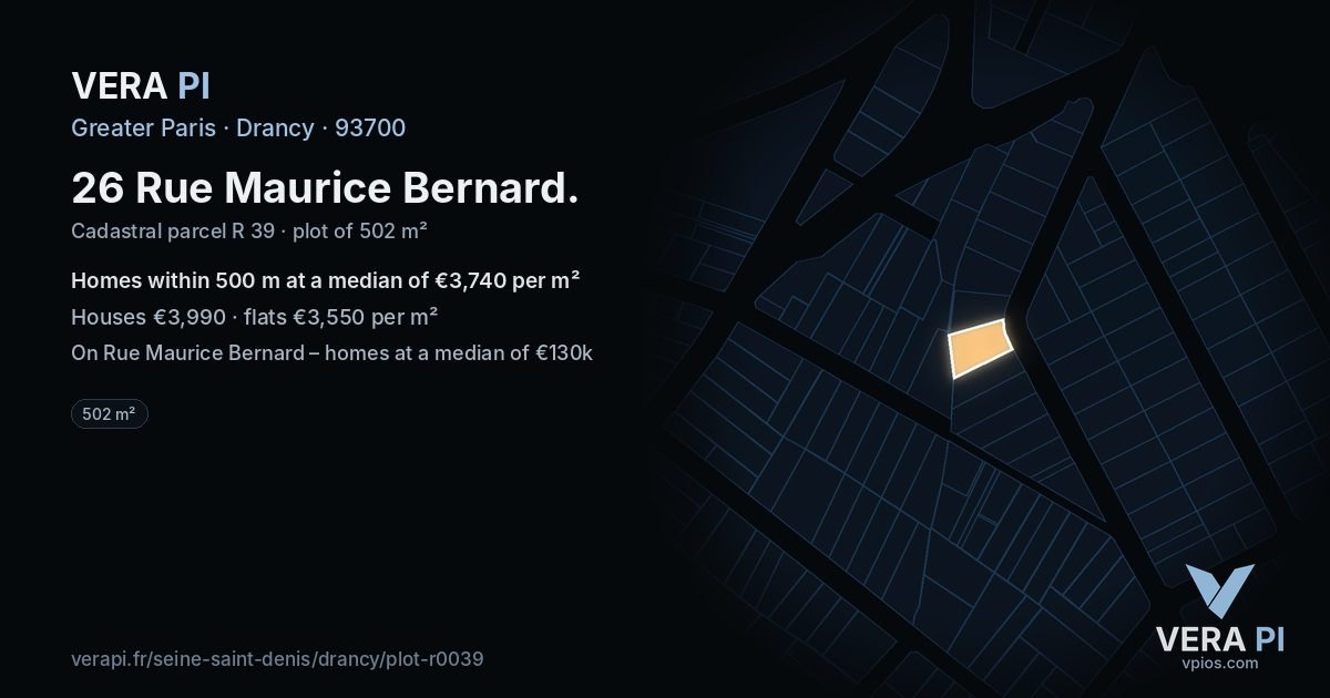 26 Rue Maurice Bernard, Drancy at night – the plot lit, the parcels around coloured by the prices near them