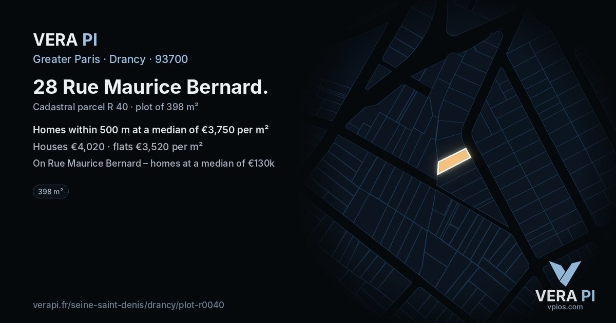 28 Rue Maurice Bernard, Drancy at night – the plot lit, the parcels around coloured by the prices near them