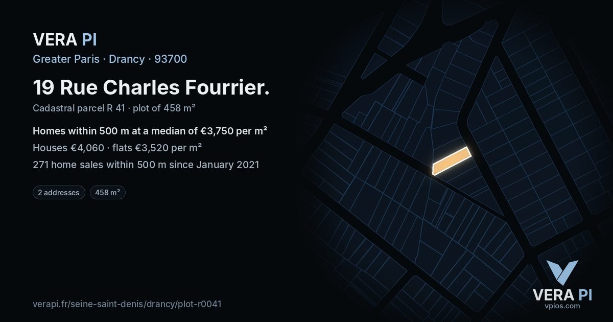 19 Rue Charles Fourrier, Drancy at night – the plot lit, the parcels around coloured by the prices near them