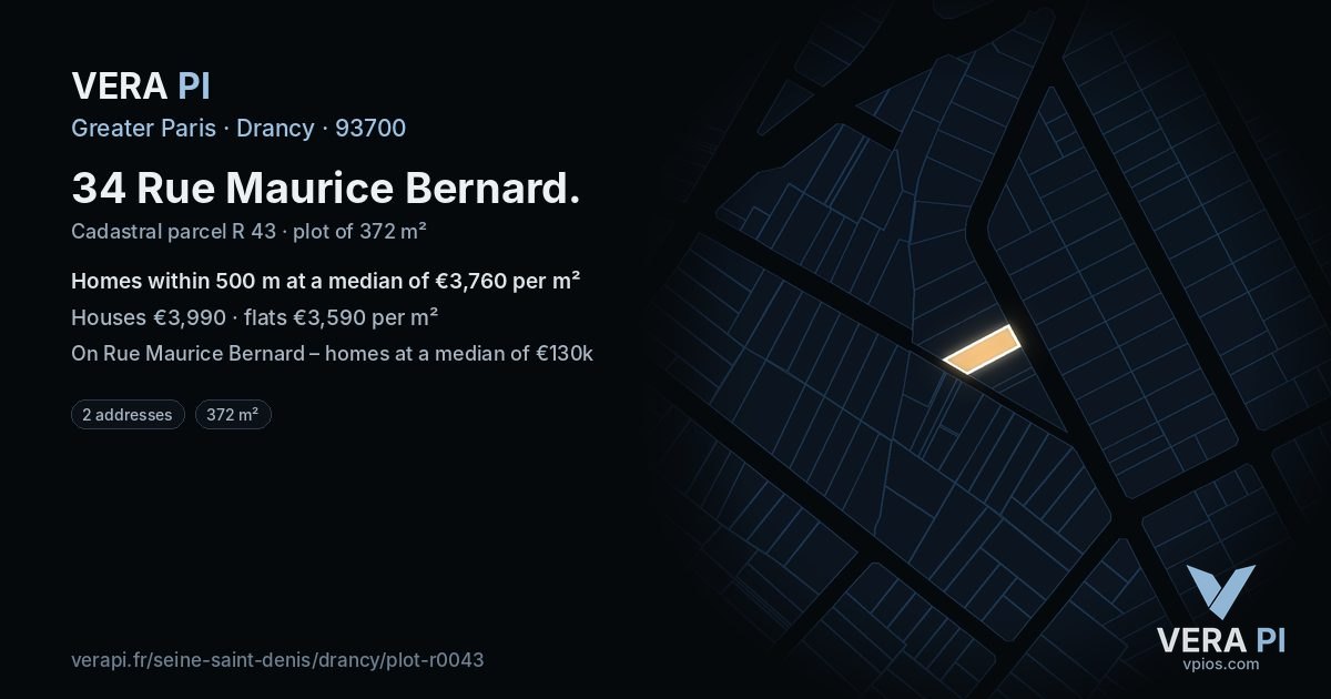 34 Rue Maurice Bernard, Drancy at night – the plot lit, the parcels around coloured by the prices near them