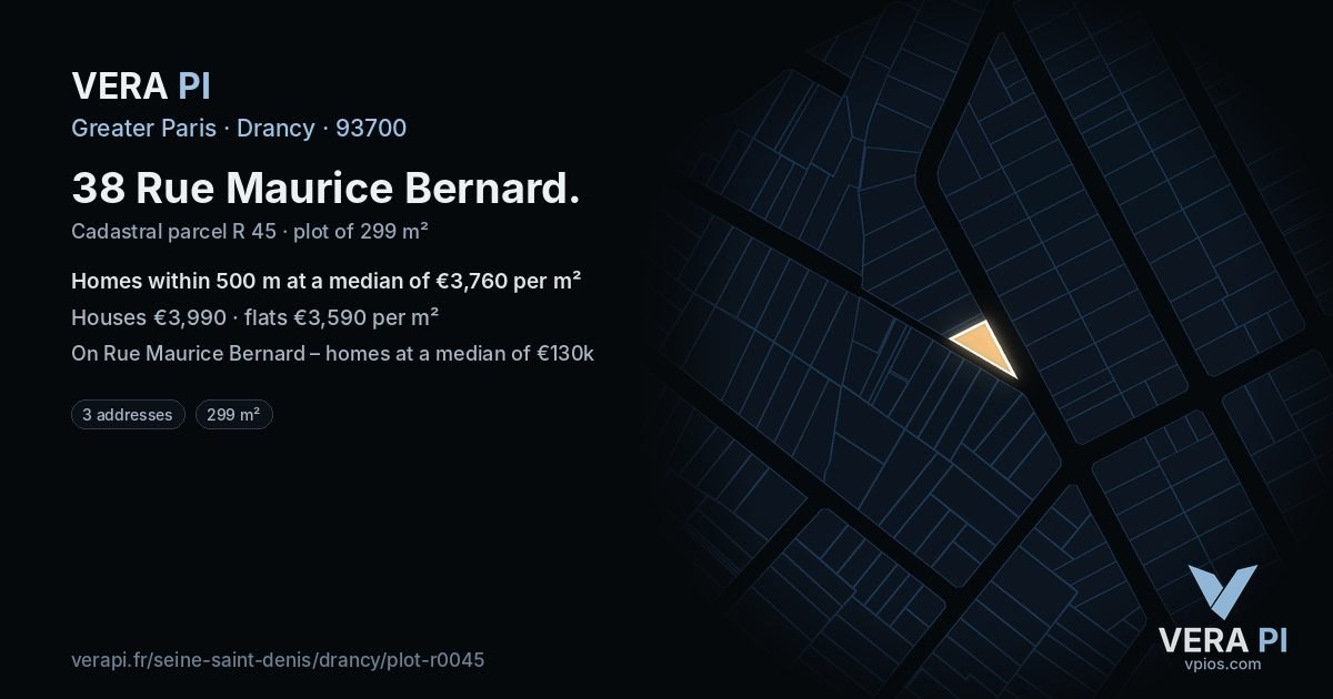 38 Rue Maurice Bernard, Drancy at night – the plot lit, the parcels around coloured by the prices near them