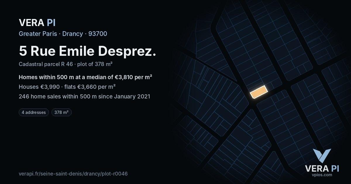 5 Rue Emile Desprez, Drancy at night – the plot lit, the parcels around coloured by the prices near them