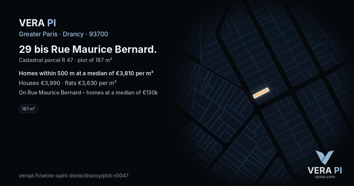 29 bis Rue Maurice Bernard, Drancy at night – the plot lit, the parcels around coloured by the prices near them