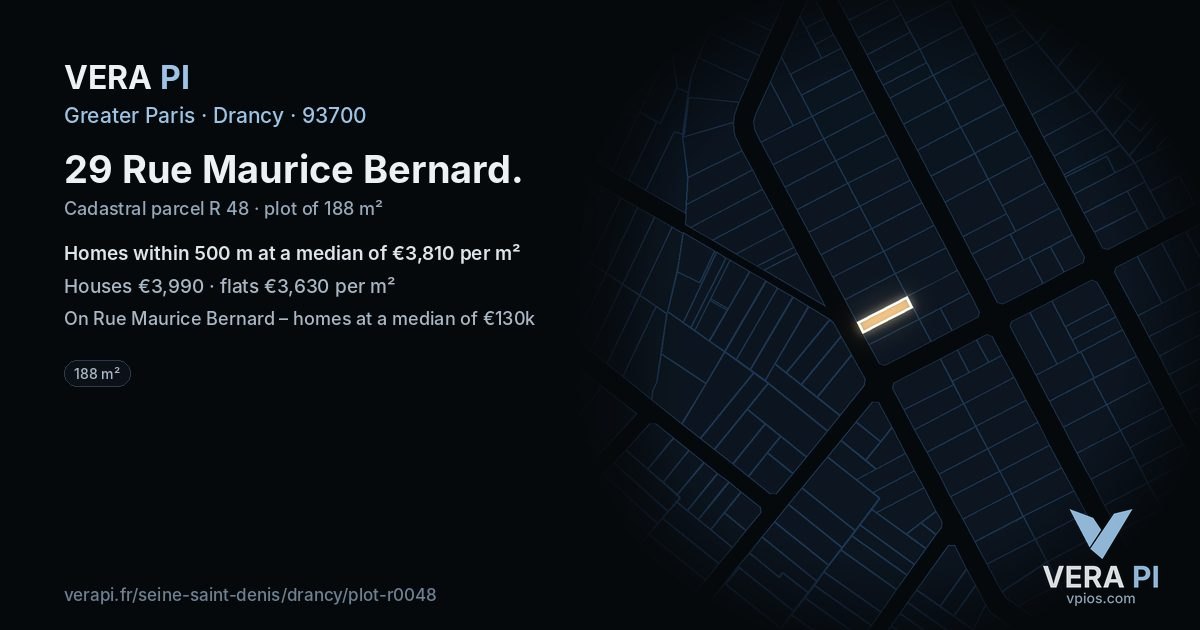 29 Rue Maurice Bernard, Drancy at night – the plot lit, the parcels around coloured by the prices near them