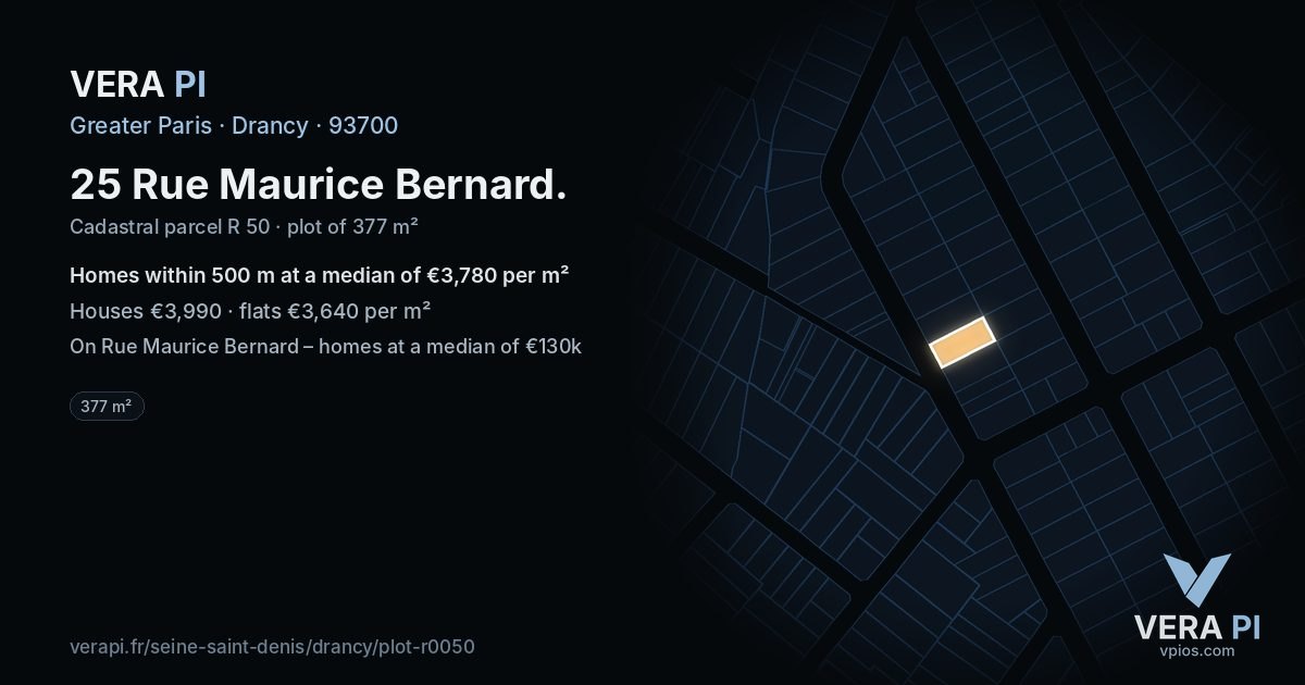 25 Rue Maurice Bernard, Drancy at night – the plot lit, the parcels around coloured by the prices near them