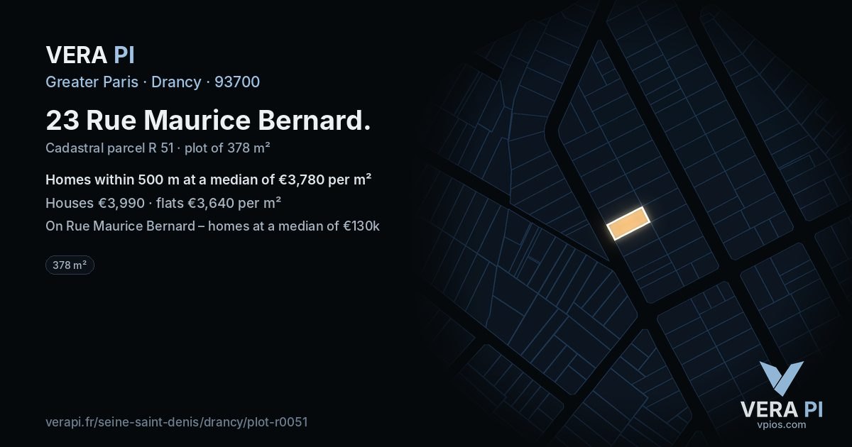 23 Rue Maurice Bernard, Drancy at night – the plot lit, the parcels around coloured by the prices near them