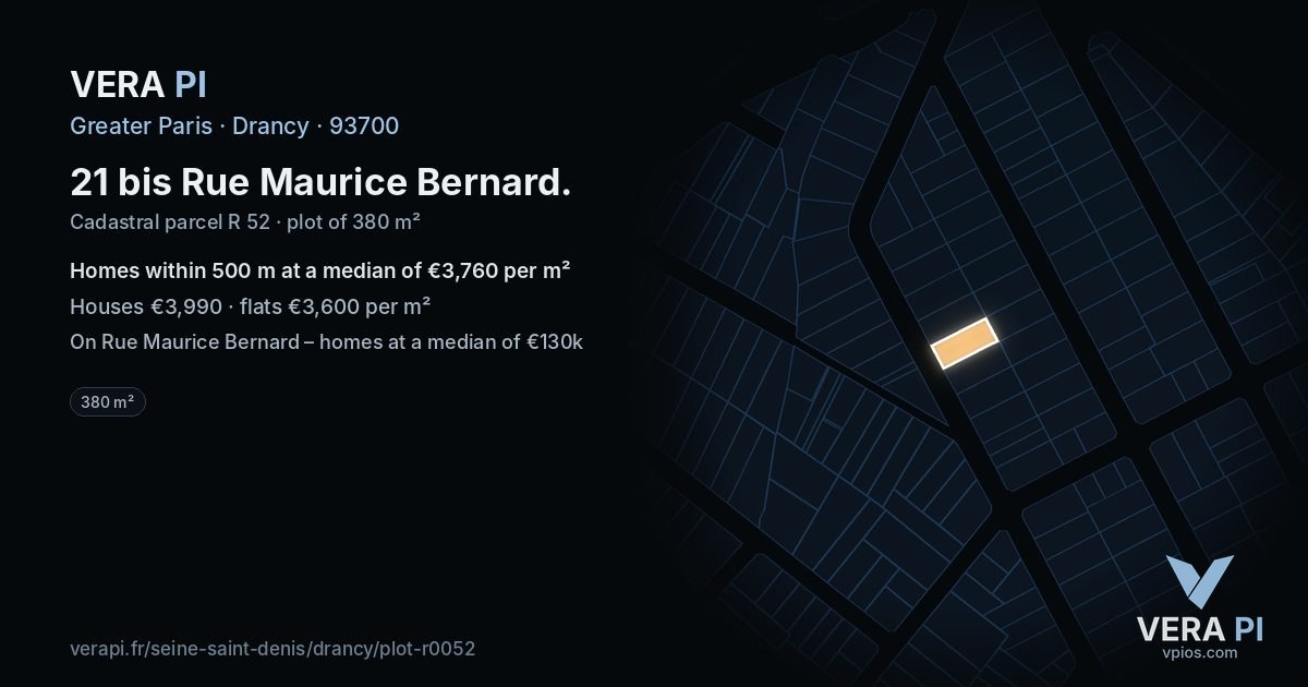 21 bis Rue Maurice Bernard, Drancy at night – the plot lit, the parcels around coloured by the prices near them