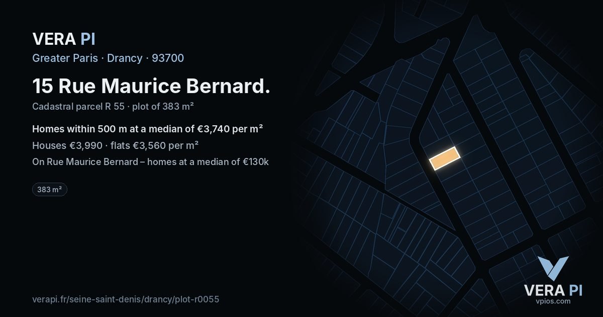 15 Rue Maurice Bernard, Drancy at night – the plot lit, the parcels around coloured by the prices near them
