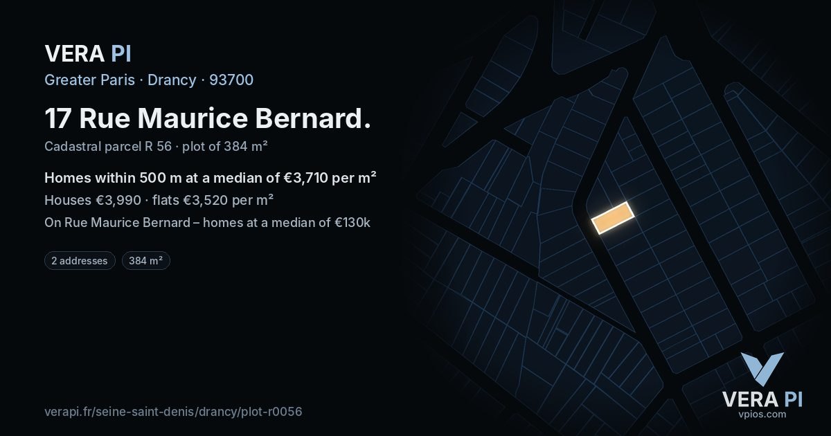17 Rue Maurice Bernard, Drancy at night – the plot lit, the parcels around coloured by the prices near them