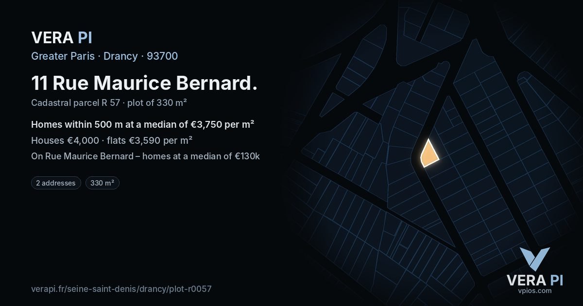 11 Rue Maurice Bernard, Drancy at night – the plot lit, the parcels around coloured by the prices near them
