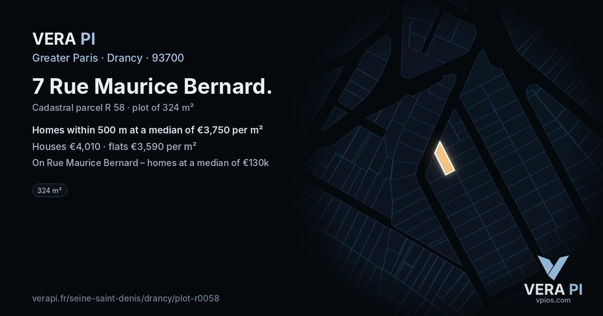 7 Rue Maurice Bernard, Drancy at night – the plot lit, the parcels around coloured by the prices near them