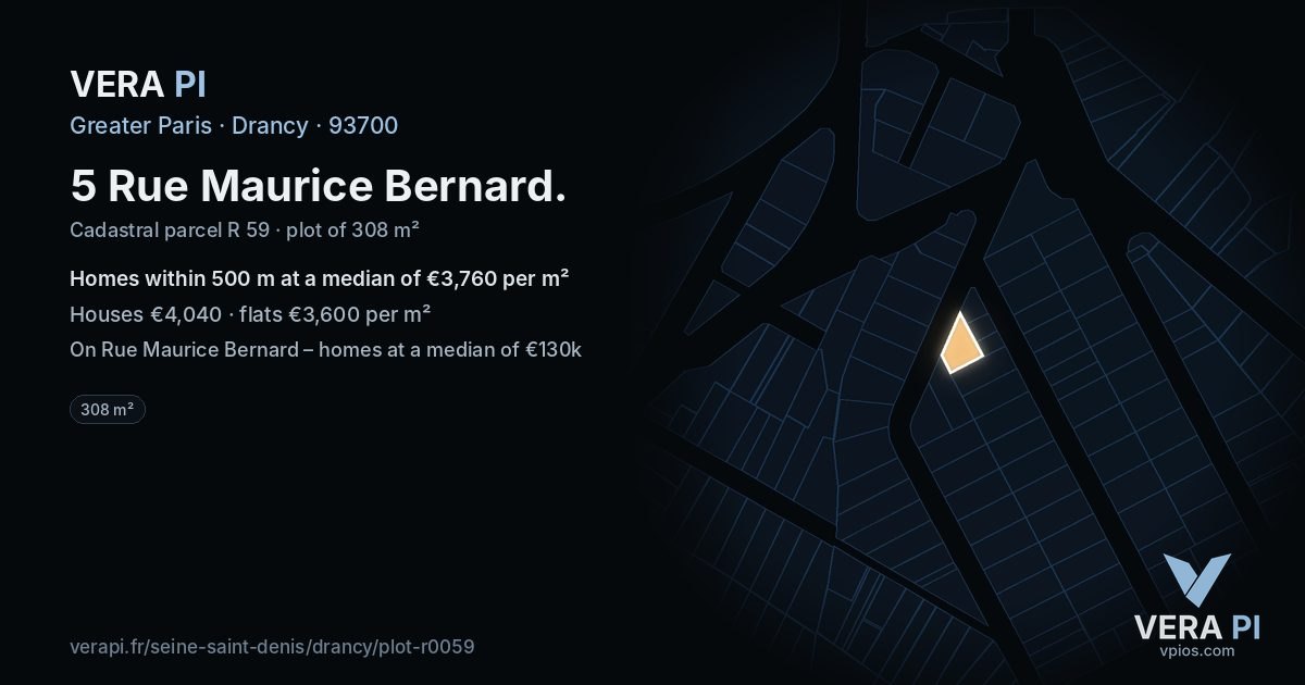 5 Rue Maurice Bernard, Drancy at night – the plot lit, the parcels around coloured by the prices near them