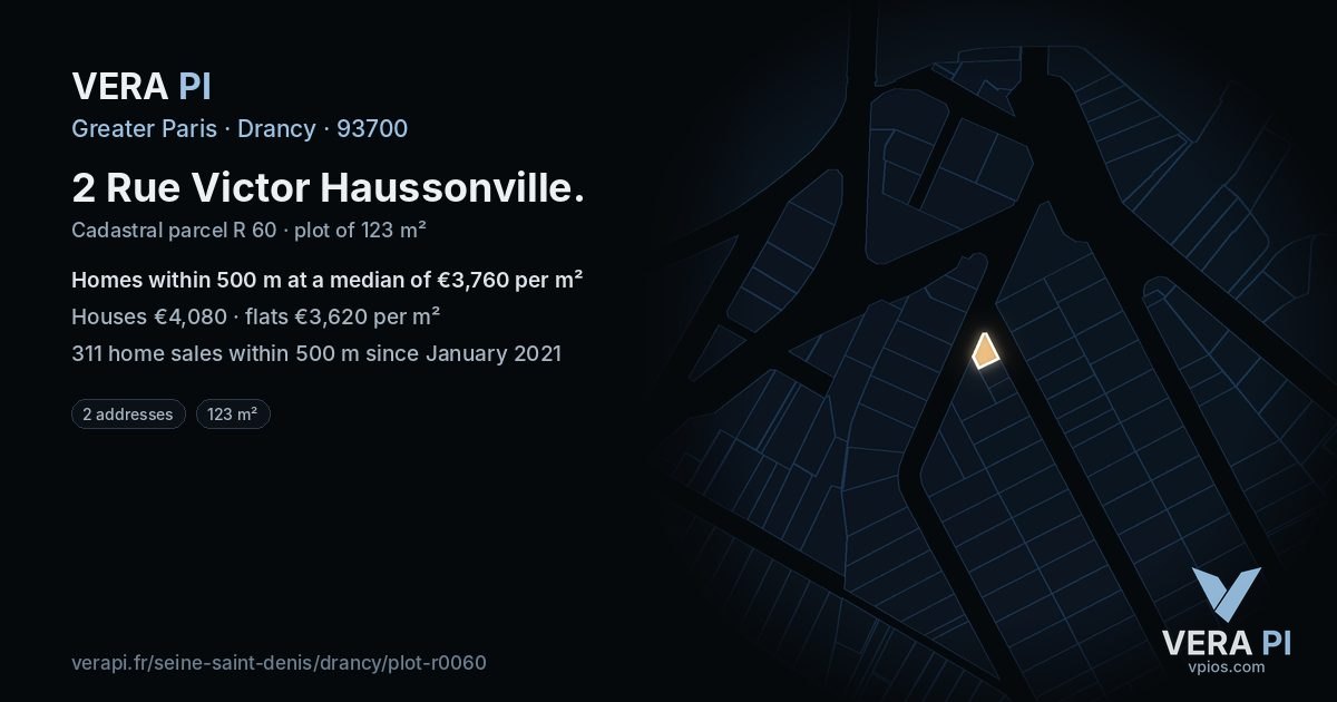 2 Rue Victor Haussonville, Drancy at night – the plot lit, the parcels around coloured by the prices near them