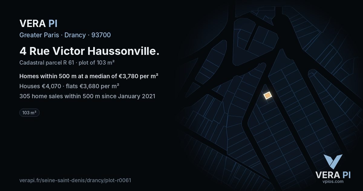 4 Rue Victor Haussonville, Drancy at night – the plot lit, the parcels around coloured by the prices near them