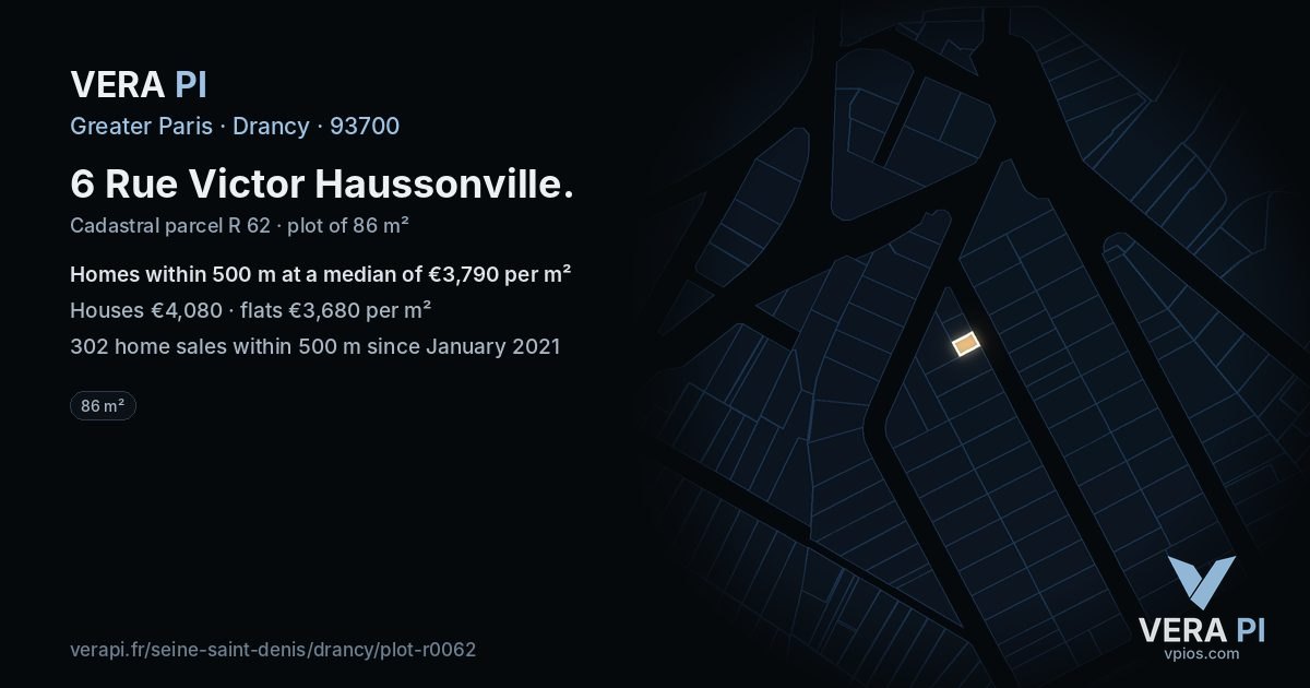 6 Rue Victor Haussonville, Drancy at night – the plot lit, the parcels around coloured by the prices near them