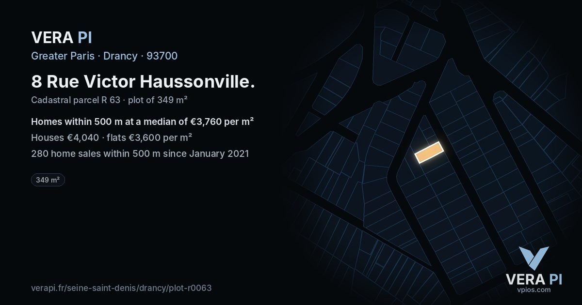 8 Rue Victor Haussonville, Drancy at night – the plot lit, the parcels around coloured by the prices near them
