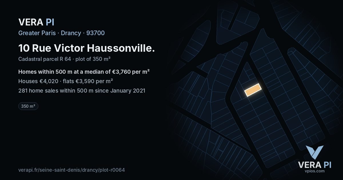 10 Rue Victor Haussonville, Drancy at night – the plot lit, the parcels around coloured by the prices near them