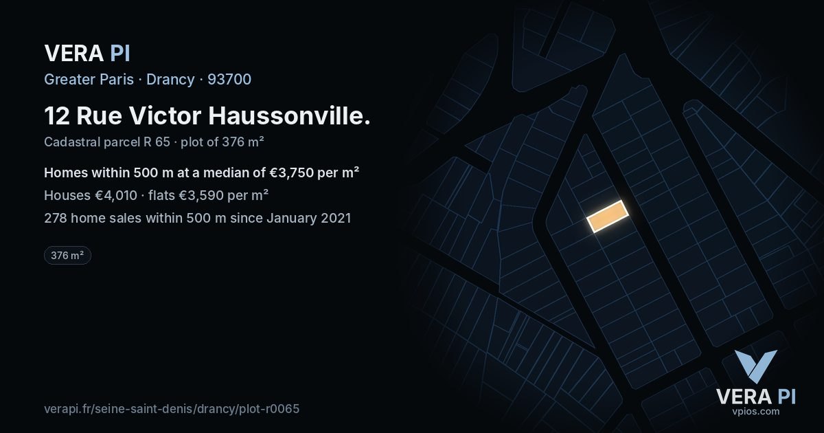 12 Rue Victor Haussonville, Drancy at night – the plot lit, the parcels around coloured by the prices near them