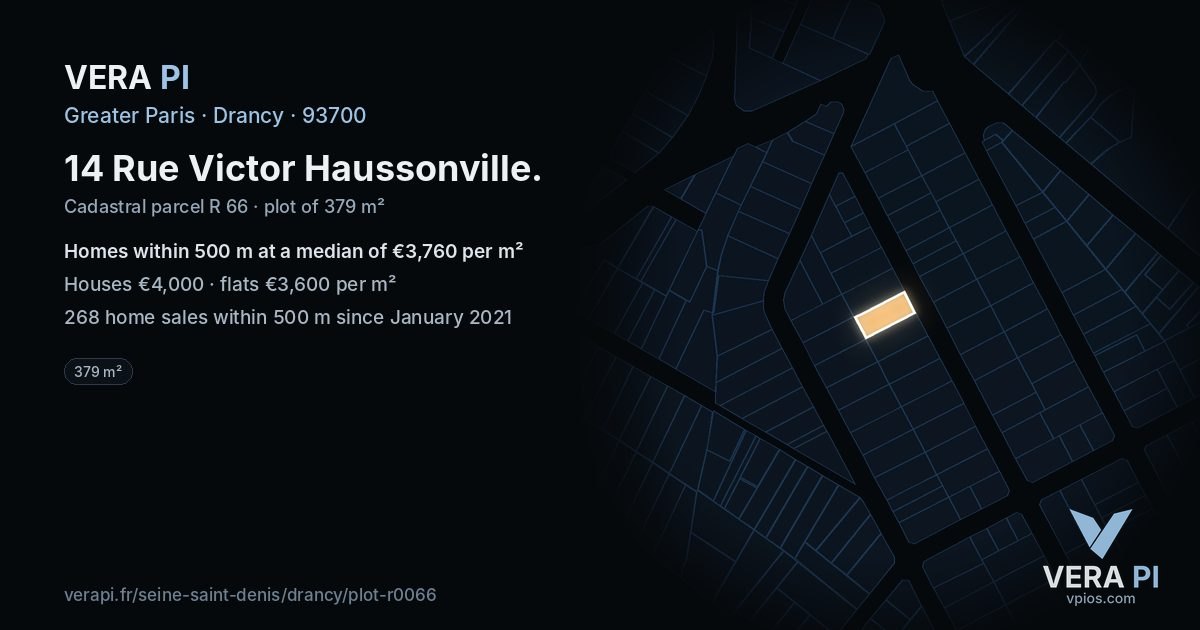 14 Rue Victor Haussonville, Drancy at night – the plot lit, the parcels around coloured by the prices near them