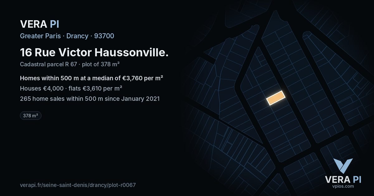 16 Rue Victor Haussonville, Drancy at night – the plot lit, the parcels around coloured by the prices near them