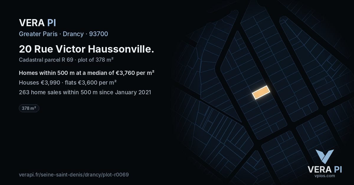 20 Rue Victor Haussonville, Drancy at night – the plot lit, the parcels around coloured by the prices near them