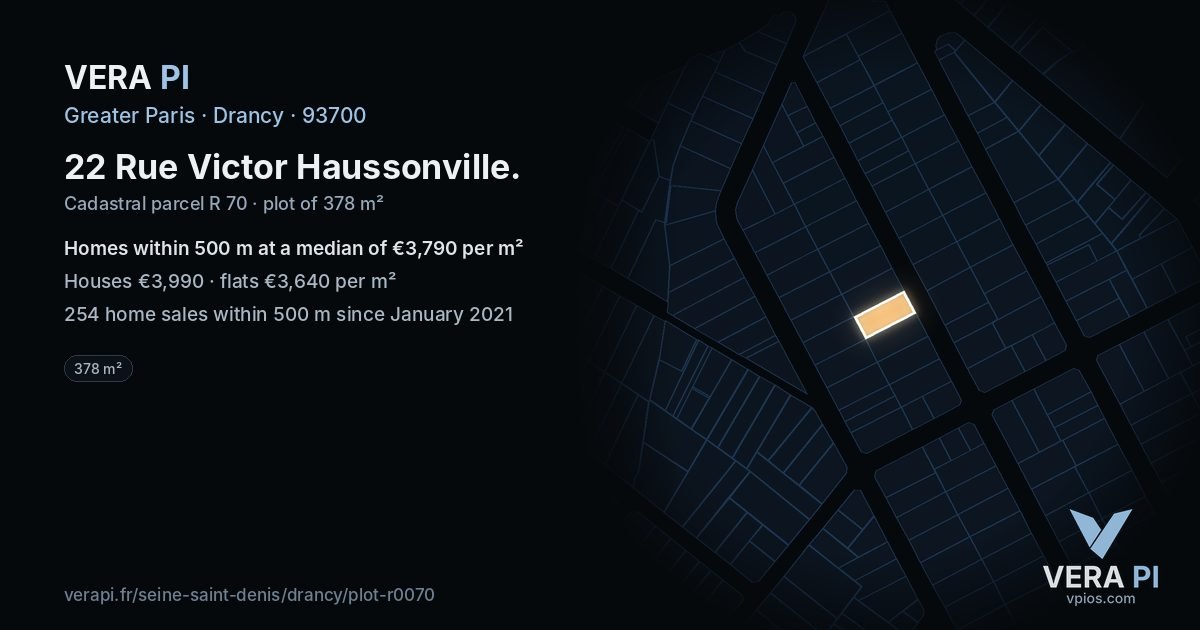 22 Rue Victor Haussonville, Drancy at night – the plot lit, the parcels around coloured by the prices near them